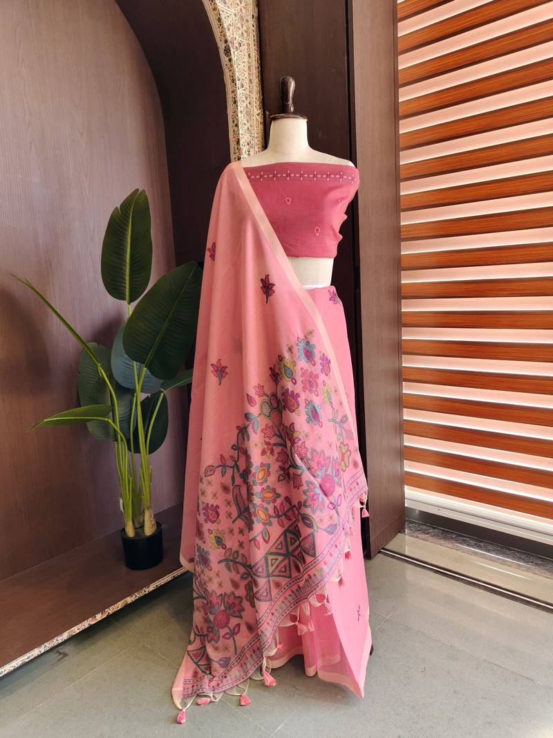 Pink color jamdani pattern and  meena weaving chanderi cotton saree