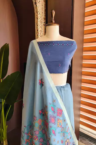 sky blue cotton saree with jamdani meena weave