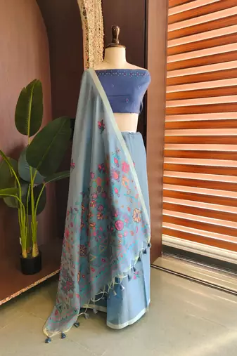 Sky blue color jamdani pattern and  meena weaving chanderi cotton saree