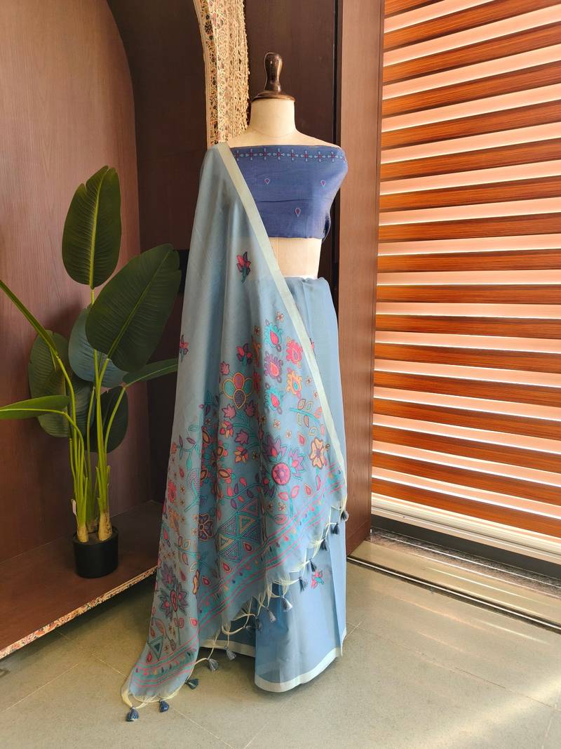 Sky blue color jamdani pattern and  meena weaving chanderi cotton saree