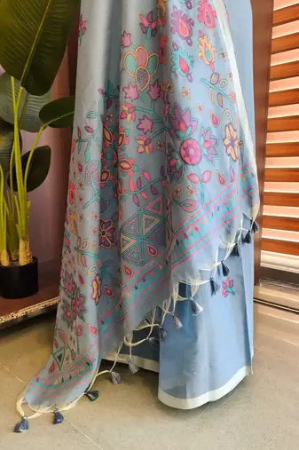 sky blue cotton saree with jamdani meena weave