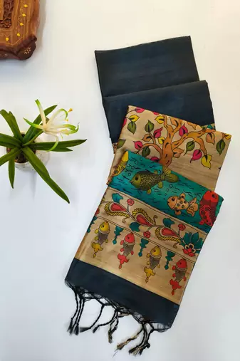 Black color hiran and fish and zari weaving border with classic weaving khadi raw silk saree