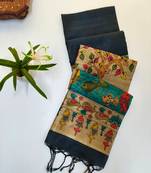 Black color hiran and fish and zari weaving border with classic weaving khadi raw silk saree