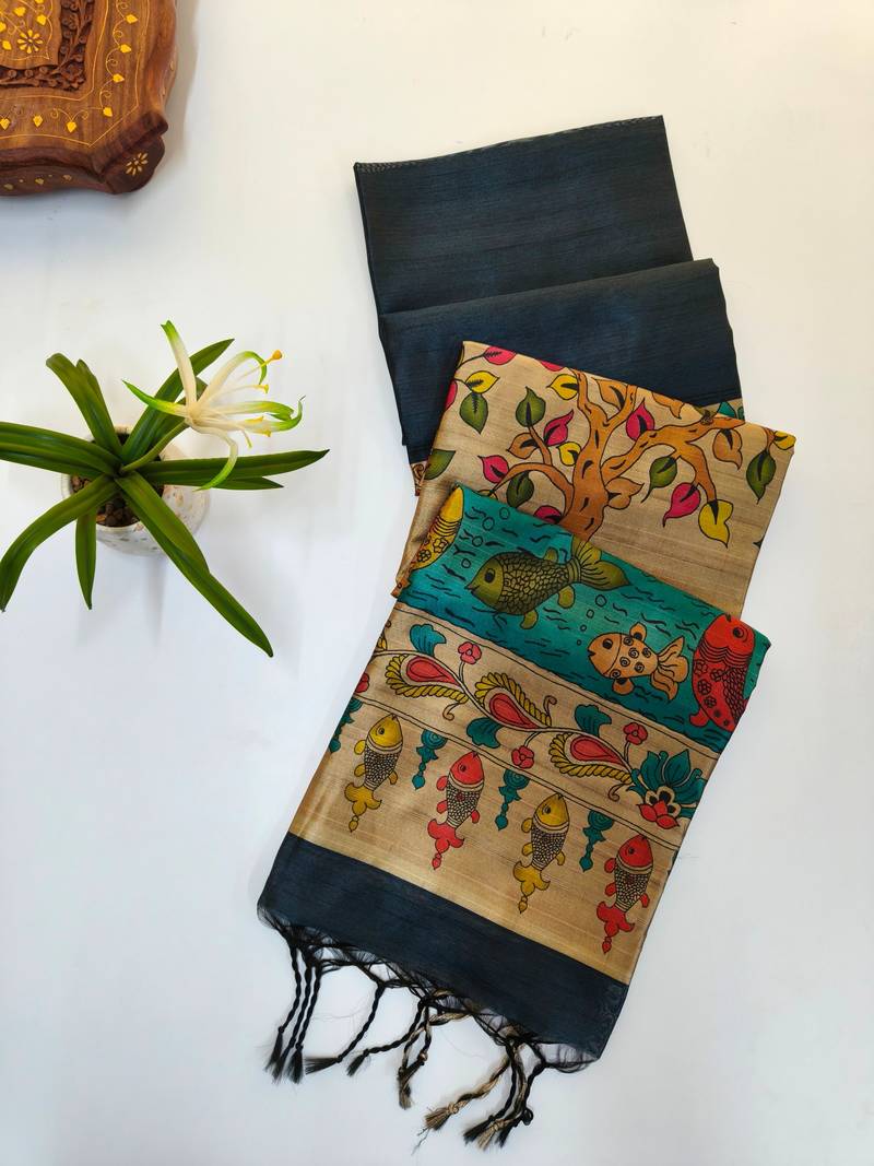 Black color hiran and fish and zari weaving border with classic weaving khadi raw silk saree