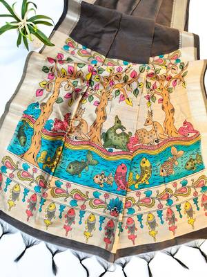 brown khadi silk saree with zari woven border 1