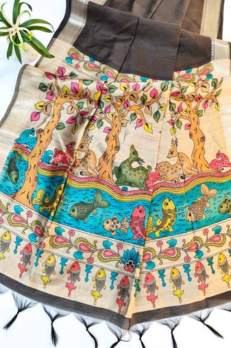 Brown color hiran and fish and zari weaving border with classic weaving khadi raw silk saree