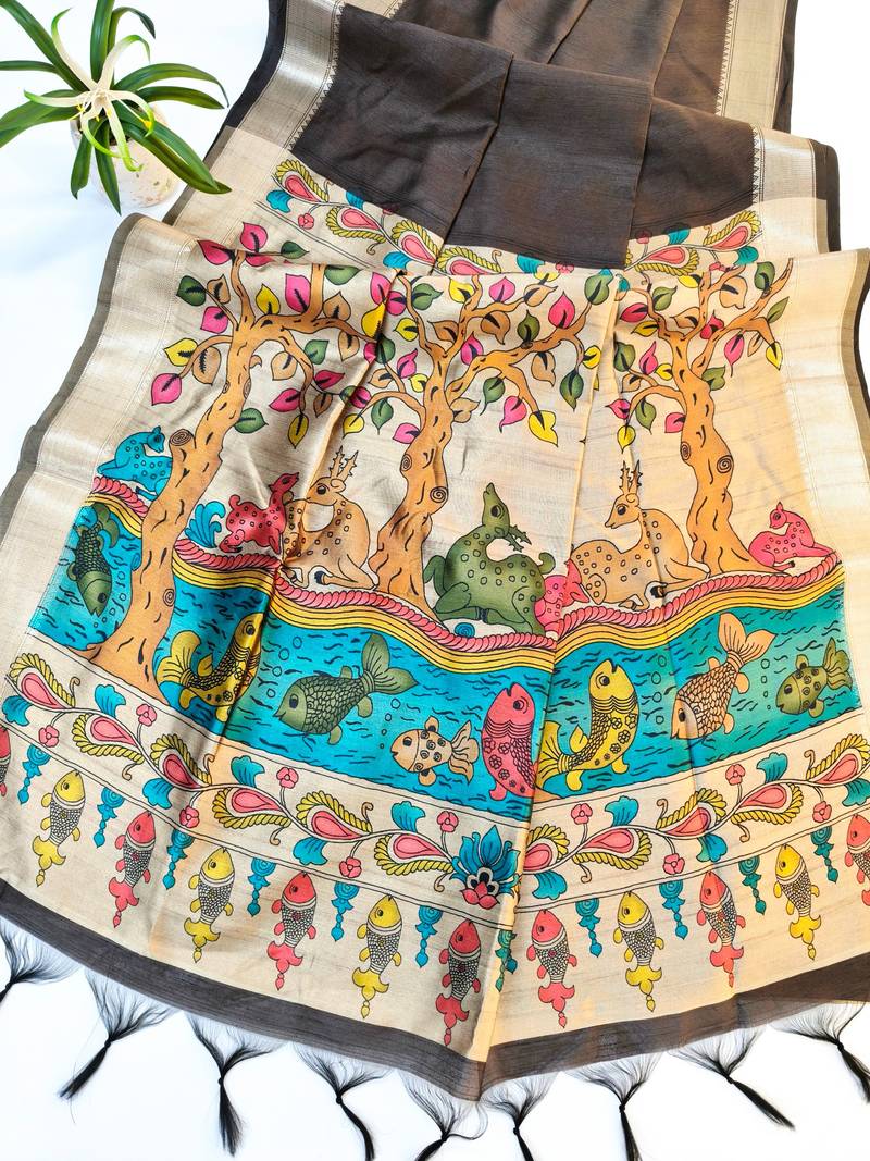 Brown color hiran and fish and zari weaving border with classic weaving khadi raw silk saree