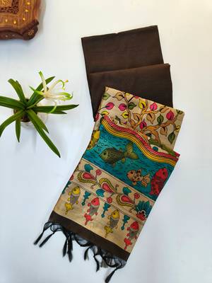 brown khadi silk saree with zari woven border 2