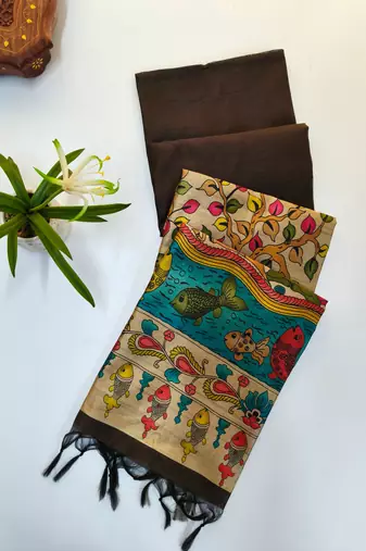 brown khadi silk saree with zari woven border