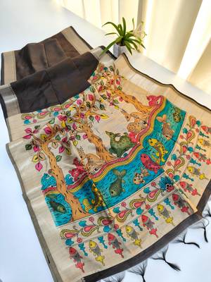 brown khadi silk saree with zari woven border 3
