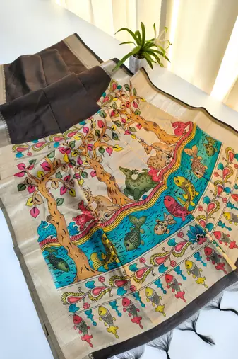 brown khadi silk saree with zari woven border
