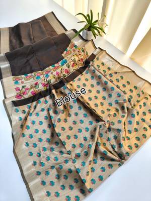 brown khadi silk saree with zari woven border 4