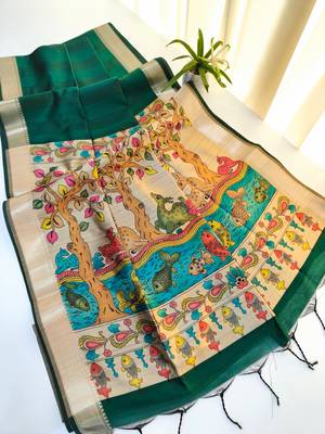 dark green khadi silk saree with zari woven border 2