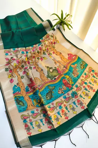 dark green khadi silk saree with zari woven border
