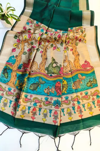 dark green khadi silk saree with zari woven border