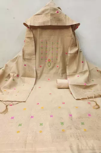 Cream Chanderi Banarasi silk zari woven design dress material