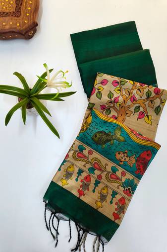 Dark green color hiran and fish and zari weaving border with classic weaving khadi raw silk saree