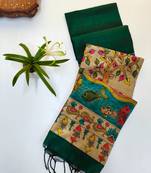Dark green color hiran and fish and zari weaving border with classic weaving khadi raw silk saree
