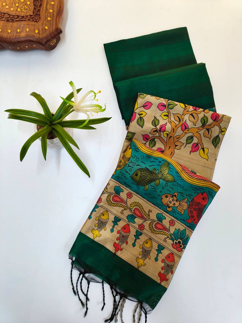 Dark green color hiran and fish and zari weaving border with classic weaving khadi raw silk saree