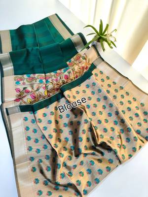 dark green khadi silk saree with zari woven border 4