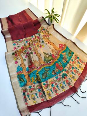 maroon khadi silk saree with printed pallu design 1