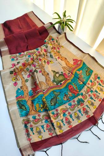 Maroon color hiran and fish and zari weaving border with classic weaving khadi raw silk saree