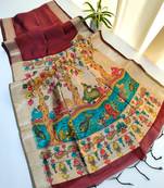 Maroon color hiran and fish and zari weaving border with classic weaving khadi raw silk saree