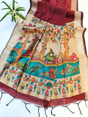 maroon khadi silk saree with printed pallu design 2