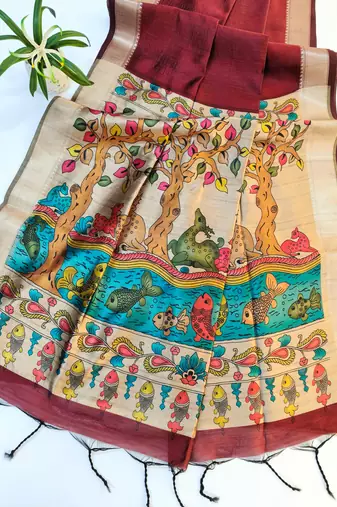 maroon khadi silk saree with printed pallu design