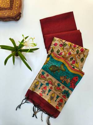 maroon khadi silk saree with printed pallu design 3