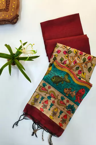 maroon khadi silk saree with printed pallu design