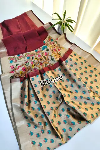 maroon khadi silk saree with printed pallu design
