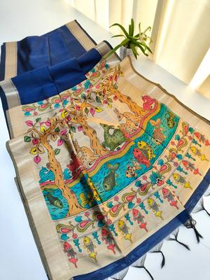 navy blue khadi silk saree with zari woven border 1