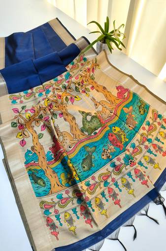 Navy blue color hiran and fish and zari weaving border with classic weaving khadi raw silk saree
