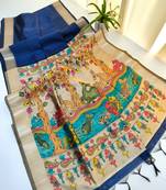 Navy blue color hiran and fish and zari weaving border with classic weaving khadi raw silk saree
