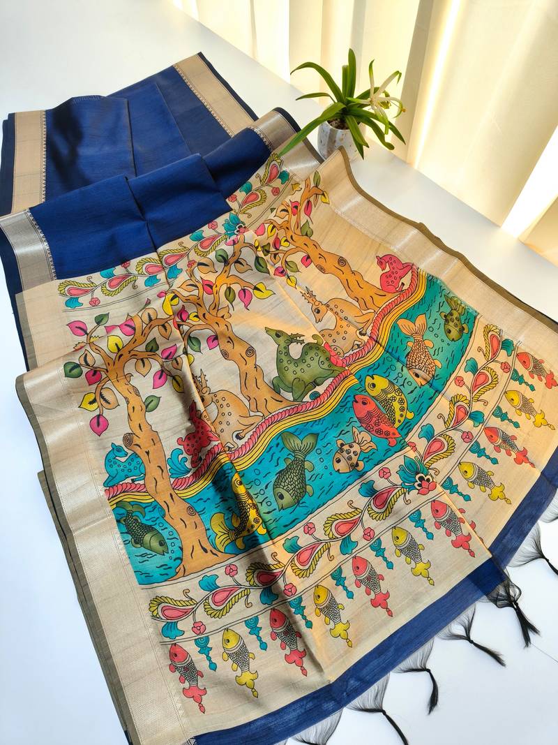 Navy blue color hiran and fish and zari weaving border with classic weaving khadi raw silk saree
