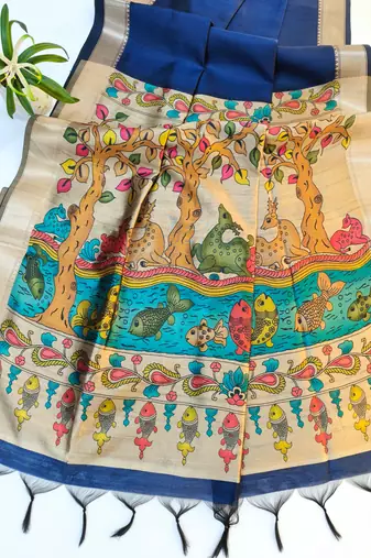 navy blue khadi silk saree with zari woven border