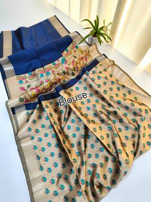 navy blue khadi silk saree with zari woven border 3