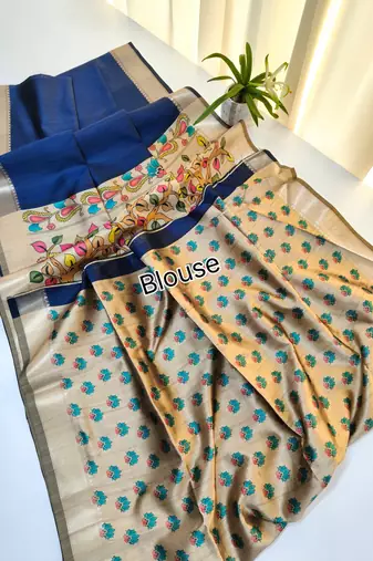navy blue khadi silk saree with zari woven border