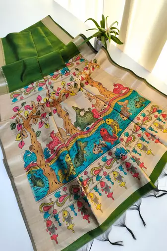 Parrot green  color hiran and fish and zari weaving border with classic weaving khadi raw silk saree