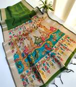 Parrot green  color hiran and fish and zari weaving border with classic weaving khadi raw silk saree
