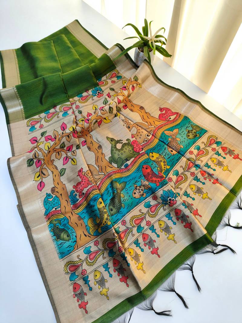 Parrot green  color hiran and fish and zari weaving border with classic weaving khadi raw silk saree