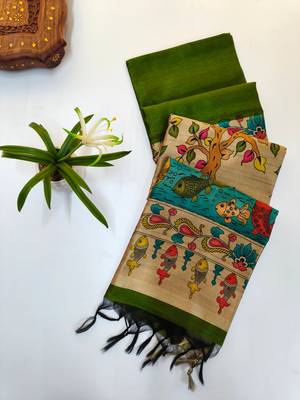 parrot green khadi silk saree with printed pallu 2