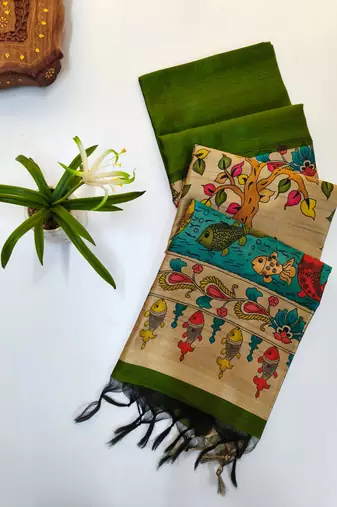 parrot green khadi silk saree with printed pallu