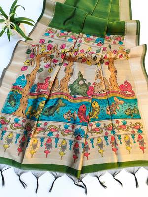 parrot green khadi silk saree with printed pallu 3