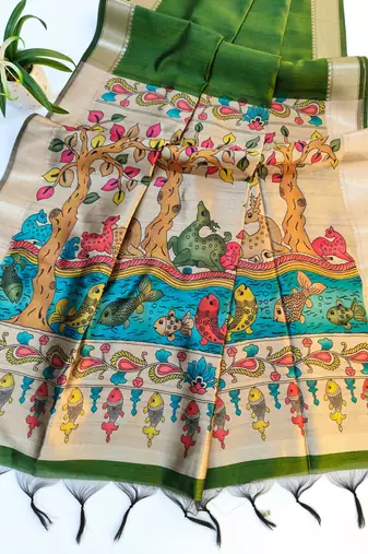 parrot green khadi silk saree with printed pallu