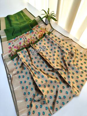 parrot green khadi silk saree with printed pallu 4