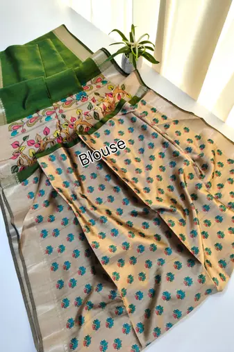parrot green khadi silk saree with printed pallu