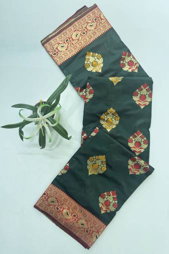 Dark green  color meena weaving buttias and zari weaving  banarasi silk saree