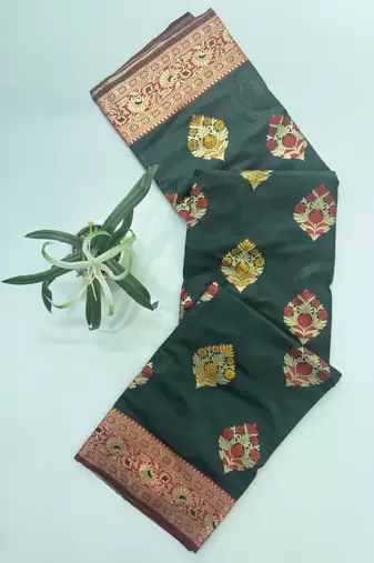 Dark green  color meena weaving buttias and zari weaving  banarasi silk saree